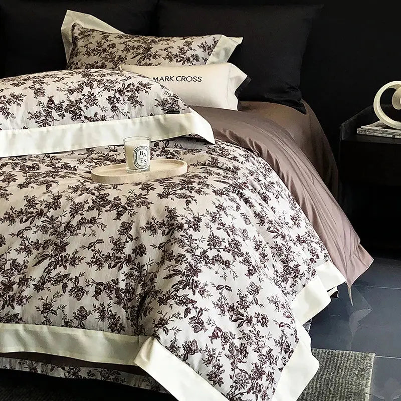 Elegant ivory and dark brown floral egyptian cotton bedding set with satin trim in cotton bedding sets for bedroom
