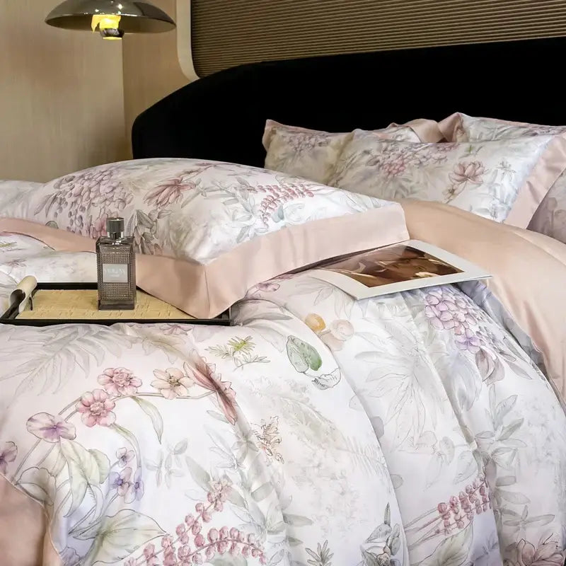 Elegant ivory floral eucalyptus fiber bedding set with delicate pastel botanical designs and satin-like finish decorbites eucalyptus fiber
