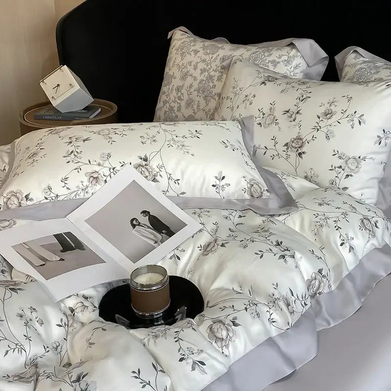 Elegant ivory satin bedding set with delicate gray floral embroidery and eucalyptus fiber for decorbites eucalyptus fiber bedroom decor