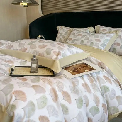 Elegant ivory soft duvet cover with muted green beige ginkgo leaves in decorbites eucalyptus fiber bedding set