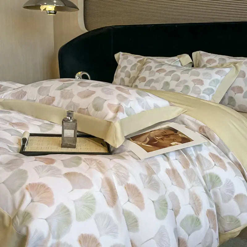 Elegant ivory soft duvet cover with muted green beige ginkgo leaves in decorbites eucalyptus fiber bedding set