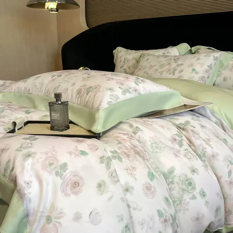 Elegant ivory floral eucalyptus fiber bedding set with pastel pink and green roses and mint green piping decorbites eucalyptus fiber