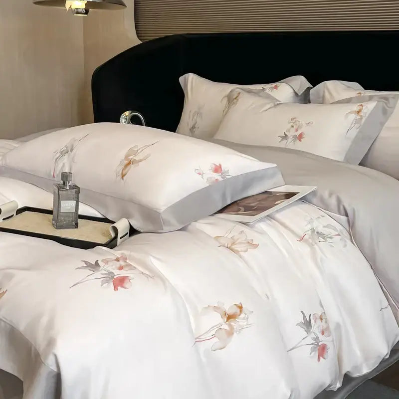Elegant ivory floral bedding set in eucalyptus fiber featuring white satin and soft pink watercolor patterns for decorbites eucalyptus fiber decor