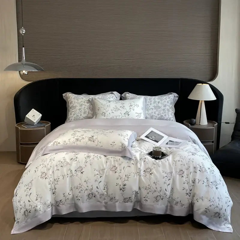 Elegant ivory white satin bedding set with gray floral pattern made from eucalyptus fiber for decorbites eucalyptus fiber decor