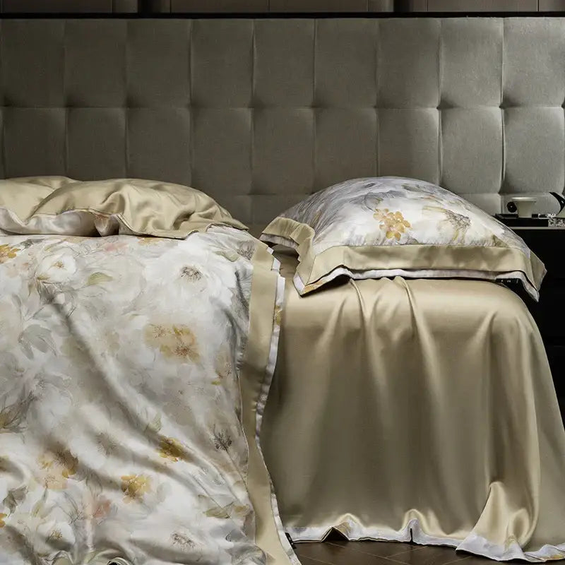 Elegant ivory floral print eucalyptus fiber bedding set in beige satin with delicate gold and cream embroidery