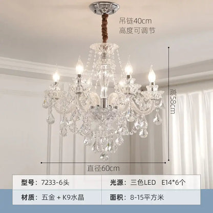 Elegant led crystal chandelier with polished chrome finish, six candle-style led lights, teardrop crystals, and braided cord