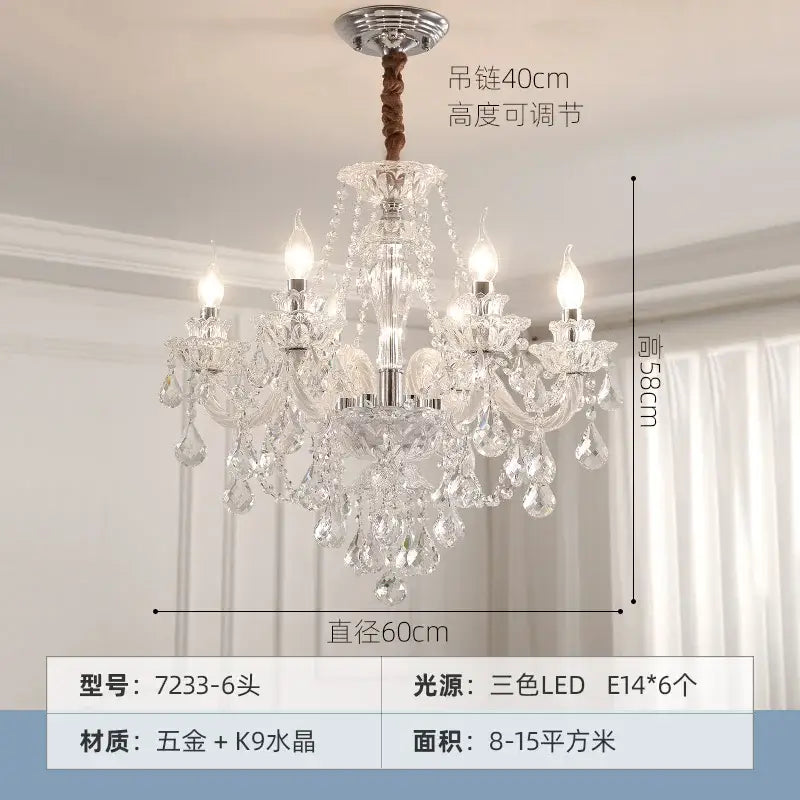 Elegant led crystal chandelier with polished chrome finish, six candle-style led lights, teardrop crystals, and braided cord