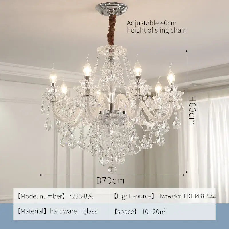 Elegant led crystal chandelier with polished chrome finish and intricate glass detailing featuring eight led lights