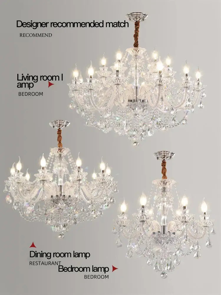 Elegant led crystal chandelier with a silver metal frame and hanging crystal droplets for dining room pendant light