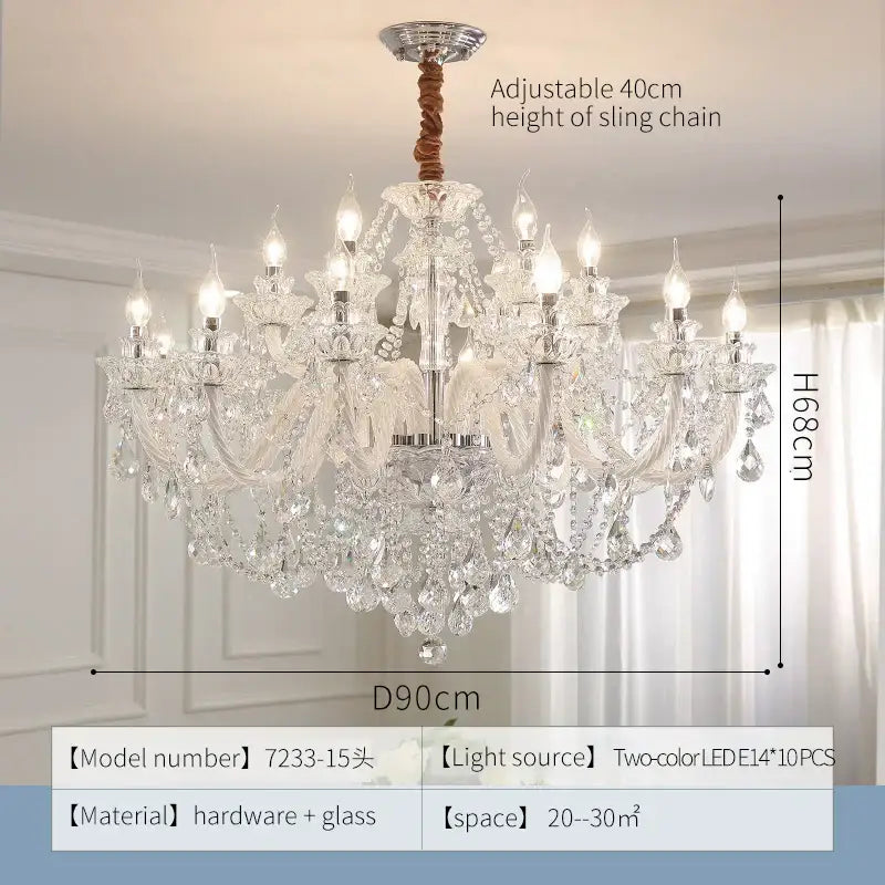 Elegant led crystal chandelier with silver metal frame clear glass crystals and adjustable 40cm sling chain for dining room