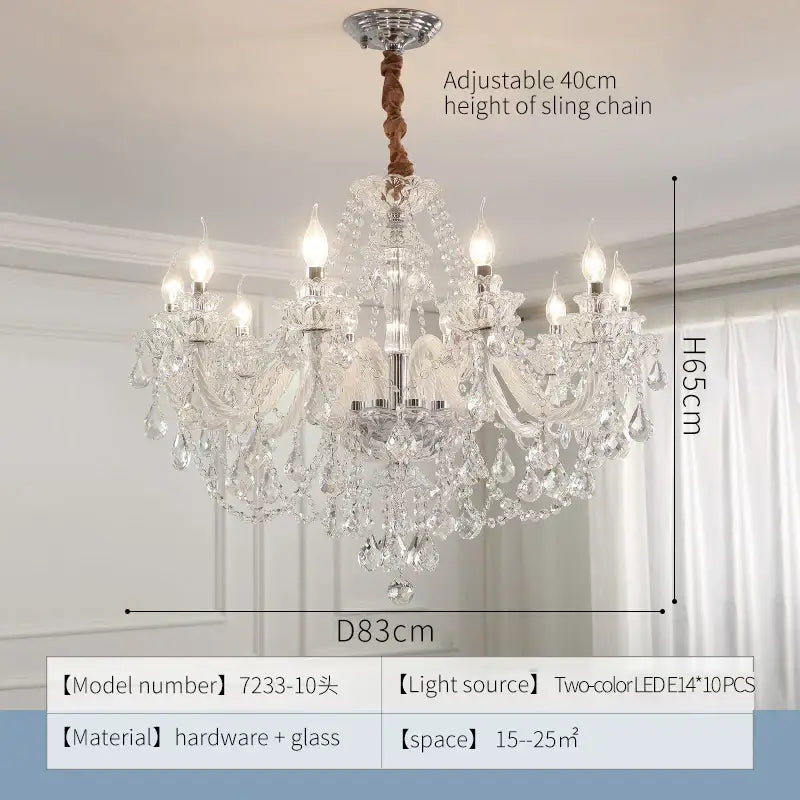 Elegant led crystal chandelier with silver metal frame clear glass crystals and adjustable 40cm sling chain for dining room