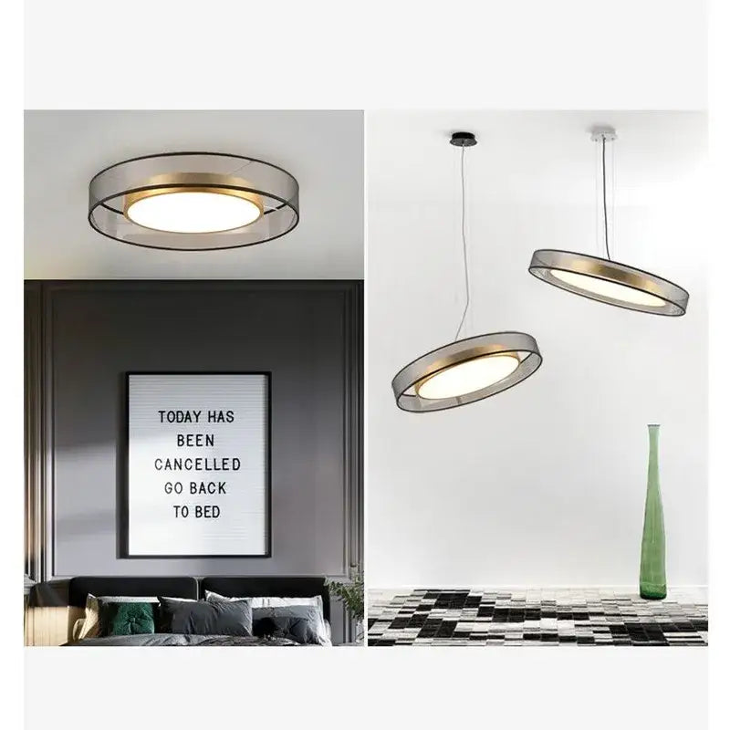 Elegant led dual purpose chandelier with circular metallic frame and frosted glass diffuser for living room lighting