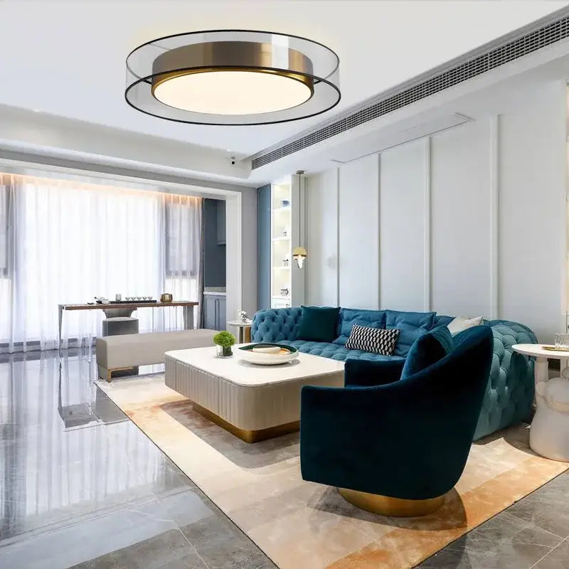 Elegant led dual purpose chandelier with modern circular design and brushed gold and black metal frames for living room