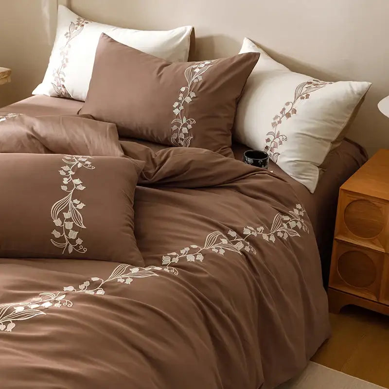 Elegant lily brown and white cotton bedding set with embroidered floral and delicate lace patterns decorbites cotton bedding