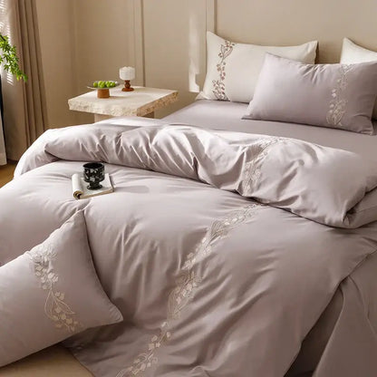 Elegant lily brown and white cotton bedding set features muted lavender satin duvet with white floral embroidery decorbites elegant lily