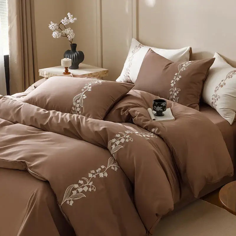 Brown linen duvet bedding set with delicate white floral embroidery from decorbites elegant lily cotton bedding collection