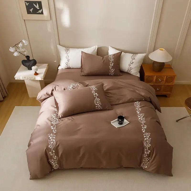 Brown satin cotton bedding set with delicate white floral embroidery by decorbites elegant lily for bedroom decor