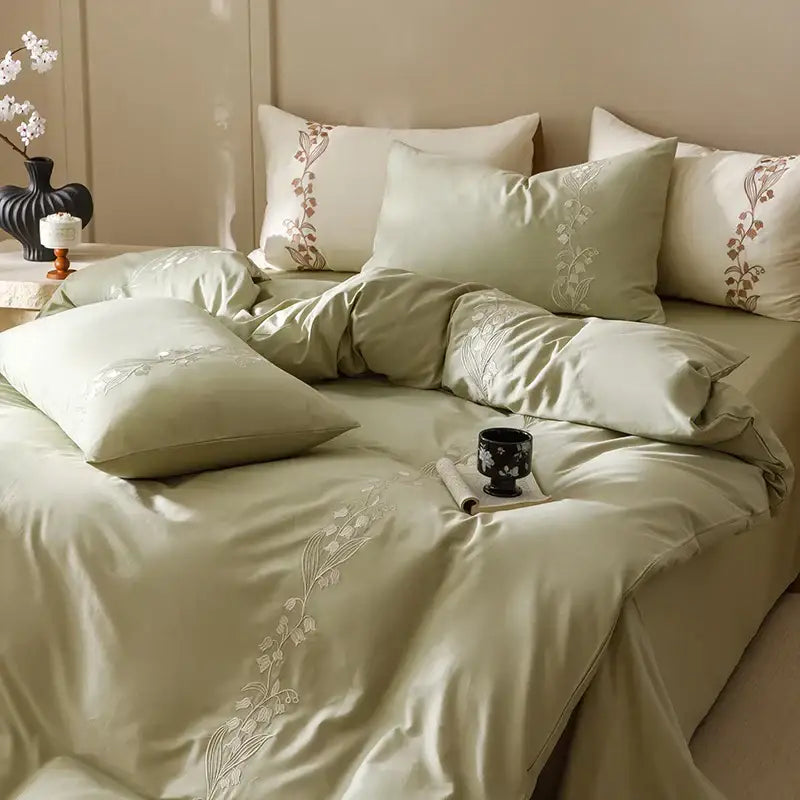 Elegant sage green satin bedding set with white floral embroidery for decorbites elegant lily brown cotton bedding