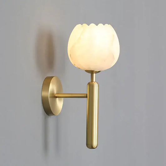Elegant lotus gold marble wall lamp with cream opaline glass lotus shade designed for bedroom lighting