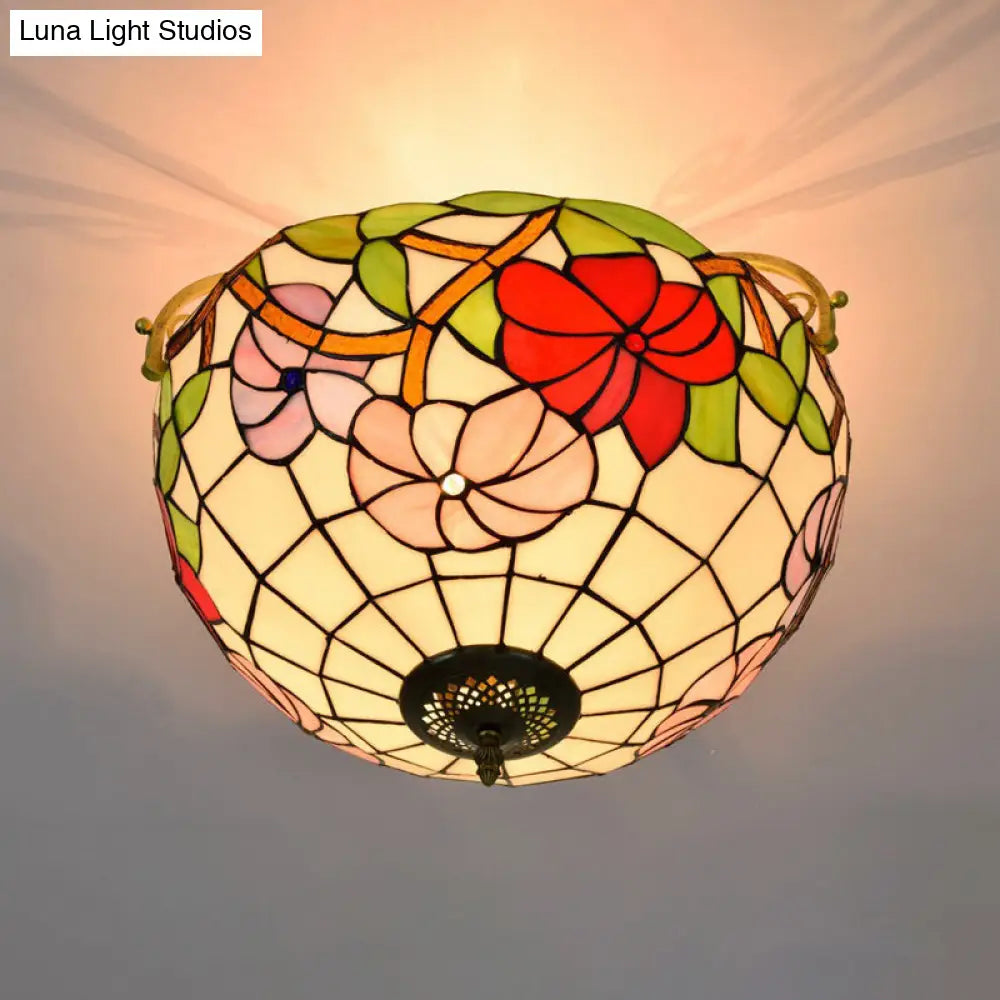 Elegant Mediterranean Cut Glass Rose Semi Flush Lighting - 3-Light Beige/Pink/Orange Ceiling Fixture