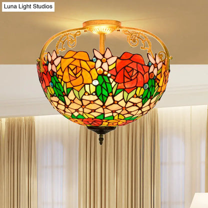 Elegant Mediterranean Cut Glass Rose Semi Flush Lighting - 3-Light Beige/Pink/Orange Ceiling Fixture