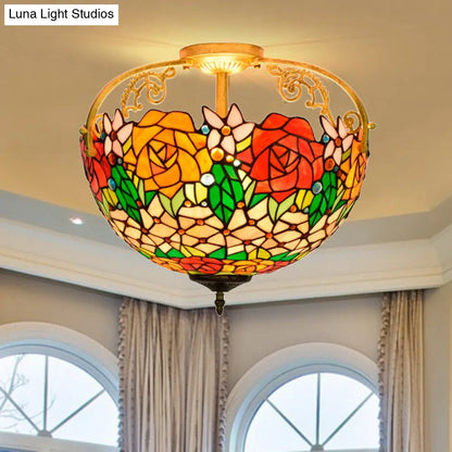 Elegant Mediterranean Cut Glass Rose Semi Flush Lighting - 3-Light Beige/Pink/Orange Ceiling Fixture