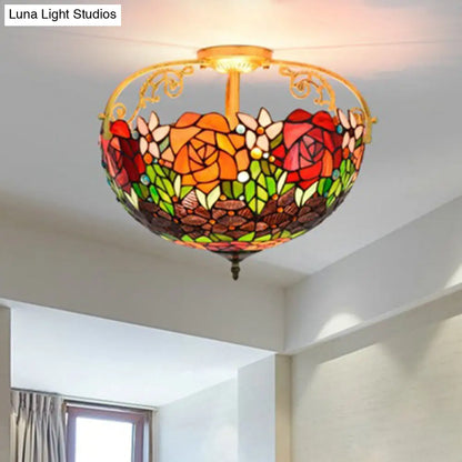 Elegant Mediterranean Cut Glass Rose Semi Flush Lighting - 3-Light Beige/Pink/Orange Ceiling Fixture