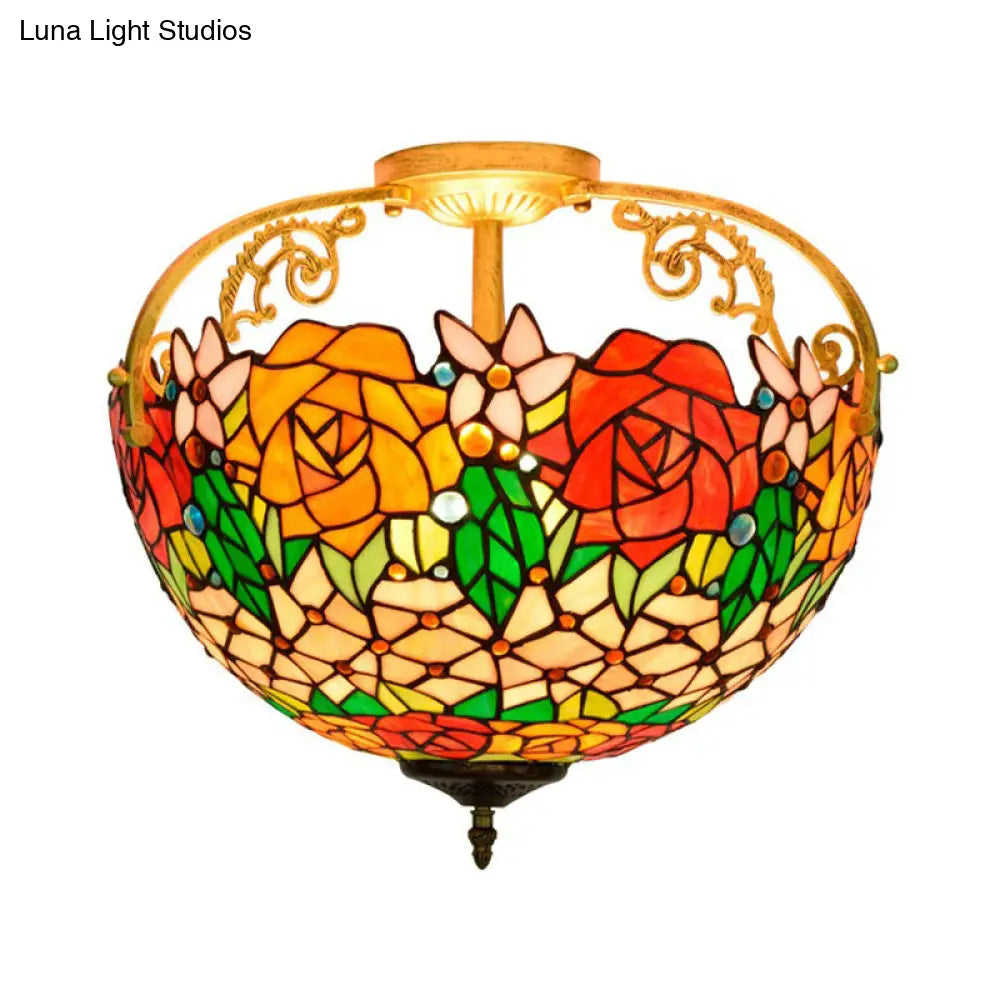 Elegant Mediterranean Cut Glass Rose Semi Flush Lighting - 3-Light Beige/Pink/Orange Ceiling Fixture