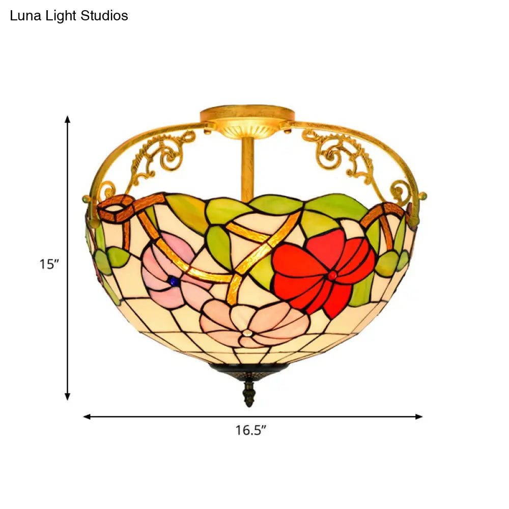 Elegant Mediterranean Cut Glass Rose Semi Flush Lighting - 3-Light Beige/Pink/Orange Ceiling Fixture