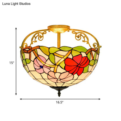 Elegant Mediterranean Cut Glass Rose Semi Flush Lighting - 3-Light Beige/Pink/Orange Ceiling Fixture