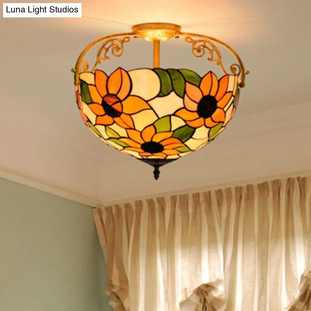 Elegant Mediterranean Cut Glass Rose Semi Flush Lighting - 3-Light Beige/Pink/Orange Ceiling Fixture