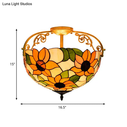 Elegant Mediterranean Cut Glass Rose Semi Flush Lighting - 3-Light Beige/Pink/Orange Ceiling Fixture