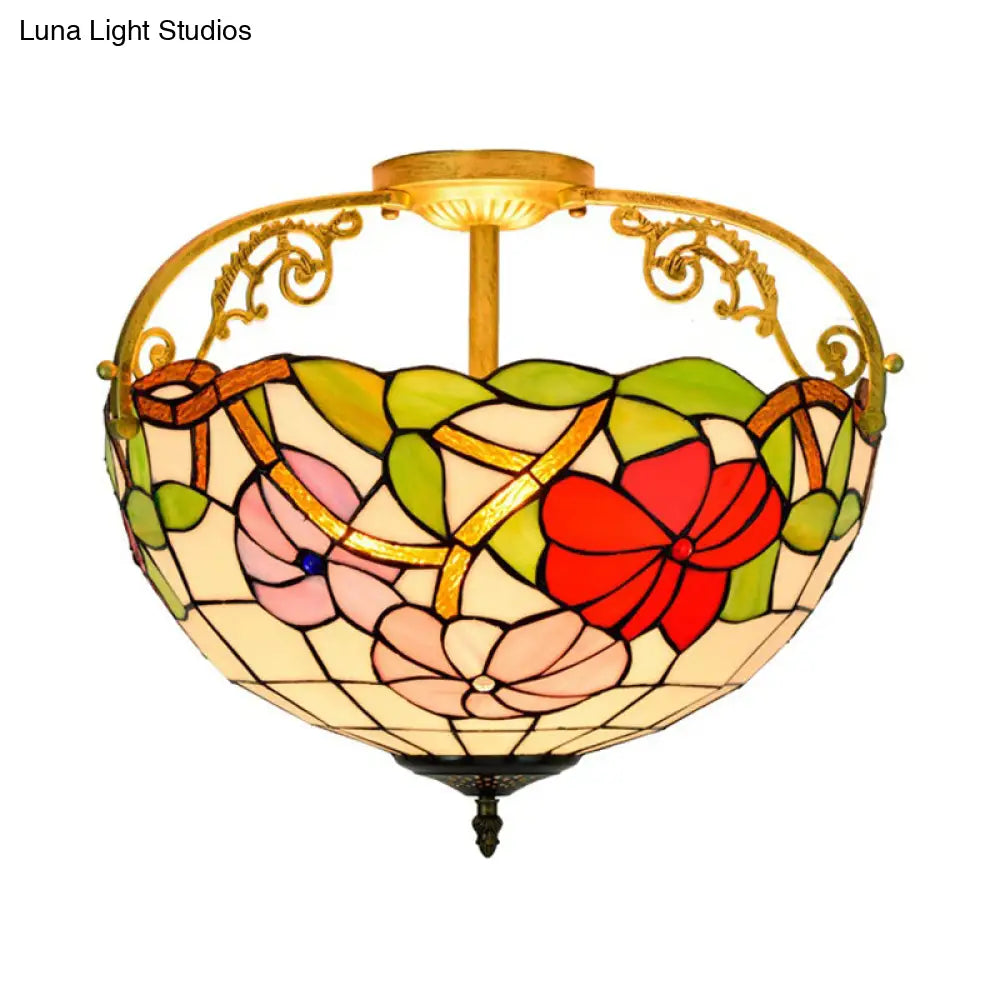 Elegant Mediterranean Cut Glass Rose Semi Flush Lighting - 3-Light Beige/Pink/Orange Ceiling Fixture