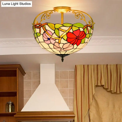 Elegant Mediterranean Cut Glass Rose Semi Flush Lighting - 3-Light Beige/Pink/Orange Ceiling Fixture