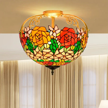 Elegant Mediterranean Cut Glass Rose Semi Flush Lighting - 3-Light Beige/Pink/Orange Ceiling Fixture