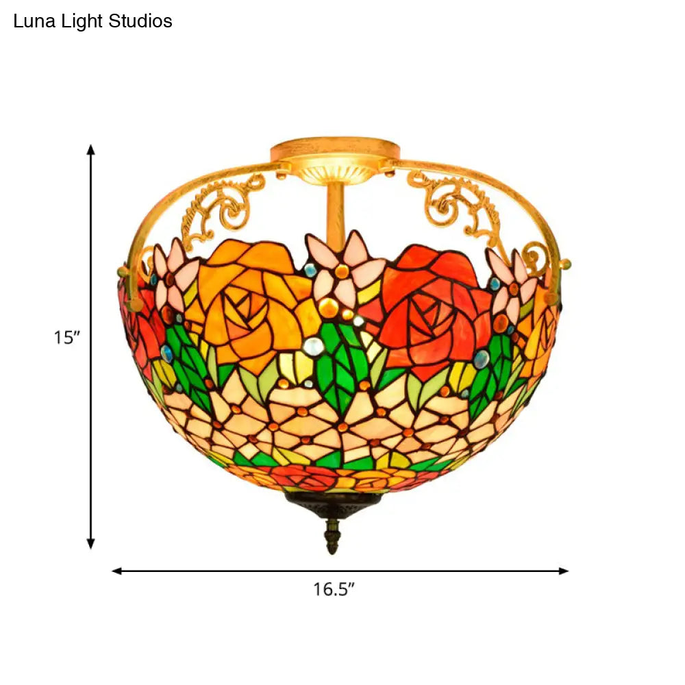 Elegant Mediterranean Cut Glass Rose Semi Flush Lighting - 3-Light Beige/Pink/Orange Ceiling Fixture