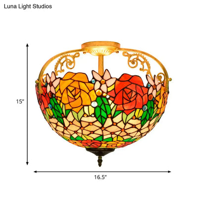 Elegant Mediterranean Cut Glass Rose Semi Flush Lighting - 3-Light Beige/Pink/Orange Ceiling Fixture