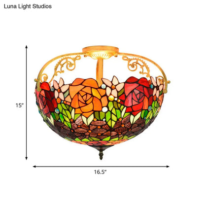 Elegant Mediterranean Cut Glass Rose Semi Flush Lighting - 3-Light Beige/Pink/Orange Ceiling Fixture