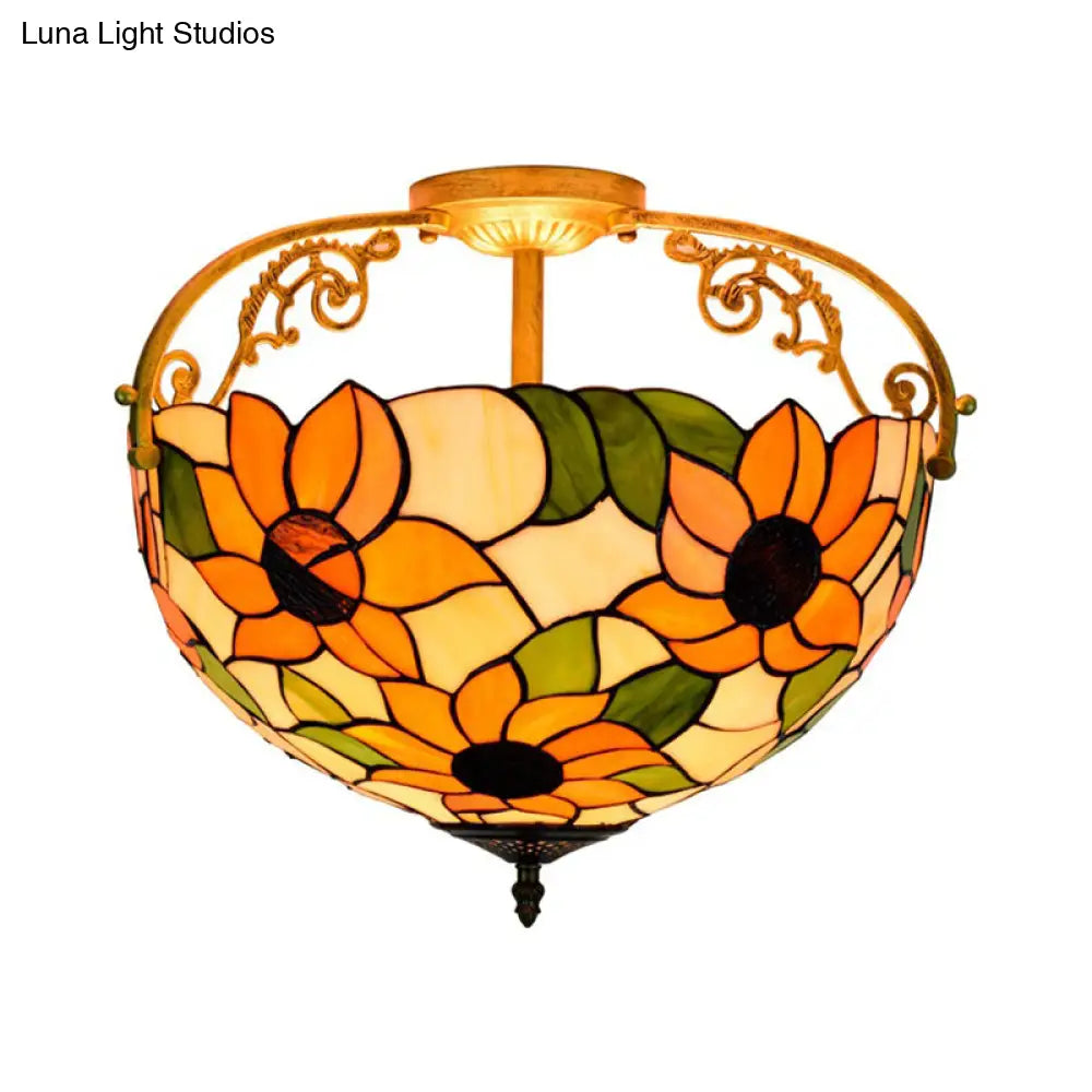 Elegant Mediterranean Cut Glass Rose Semi Flush Lighting - 3-Light Beige/Pink/Orange Ceiling Fixture