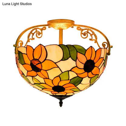 Elegant Mediterranean Cut Glass Rose Semi Flush Lighting - 3-Light Beige/Pink/Orange Ceiling Fixture