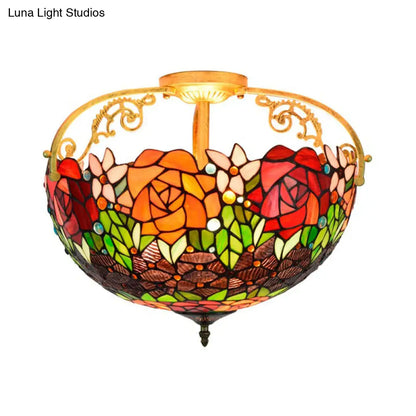 Elegant Mediterranean Cut Glass Rose Semi Flush Lighting - 3-Light Beige/Pink/Orange Ceiling Fixture