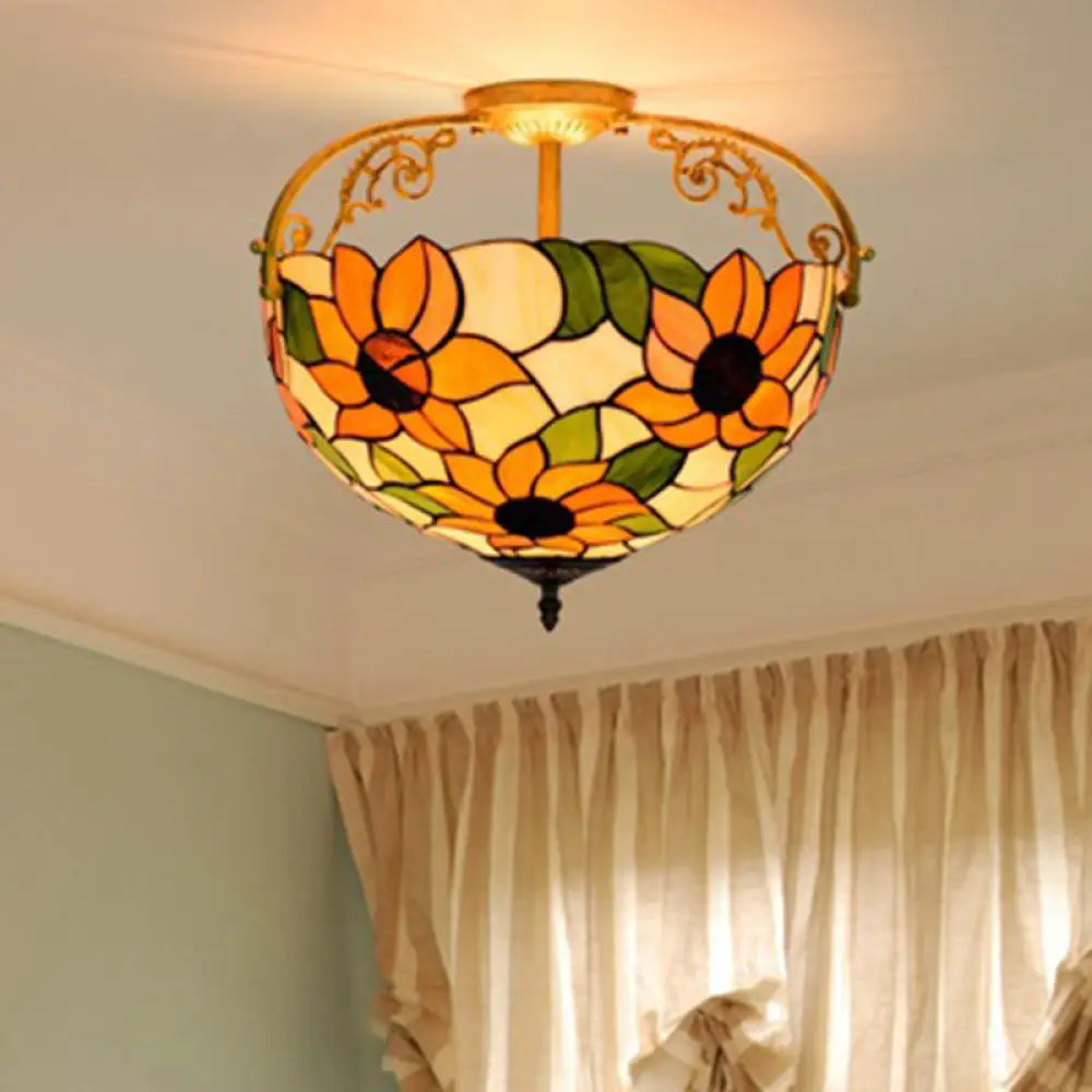 Elegant Mediterranean Cut Glass Rose Semi Flush Lighting - 3-Light Beige/Pink/Orange Ceiling Fixture