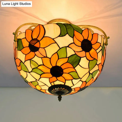 Elegant Mediterranean Cut Glass Rose Semi Flush Lighting - 3-Light Beige/Pink/Orange Ceiling Fixture