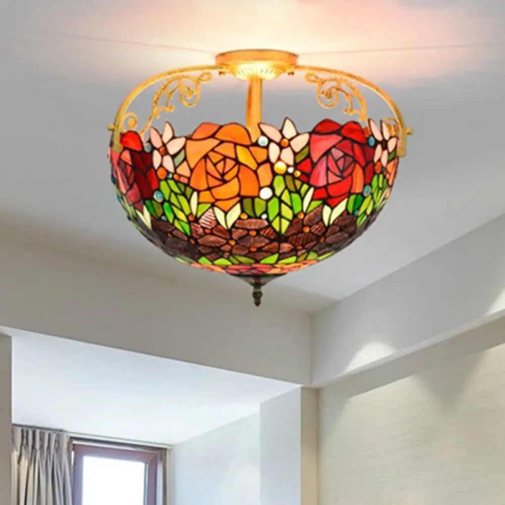 Elegant Mediterranean Cut Glass Rose Semi Flush Lighting - 3-Light Beige/Pink/Orange Ceiling Fixture