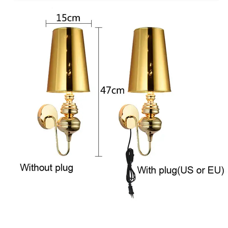 Gold-colored metallic wall lamp with conical shade and decorative base from decorbites guards wall lamps set for bedroom