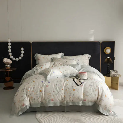 Elegant mint floral eucalyptus fiber bedding set with delicate pastel botanical design and satin trim for bedroom decorbites