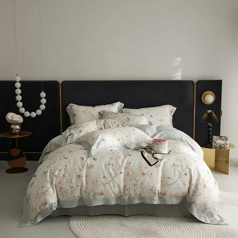 Elegant mint floral eucalyptus fiber bedding set with delicate pastel botanical design and satin trim for bedroom decorbites