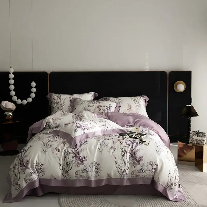Lavender and white botanical print satin bedding set with purple trim in elegant mint floral decorbites eucalyptus fiber bedding