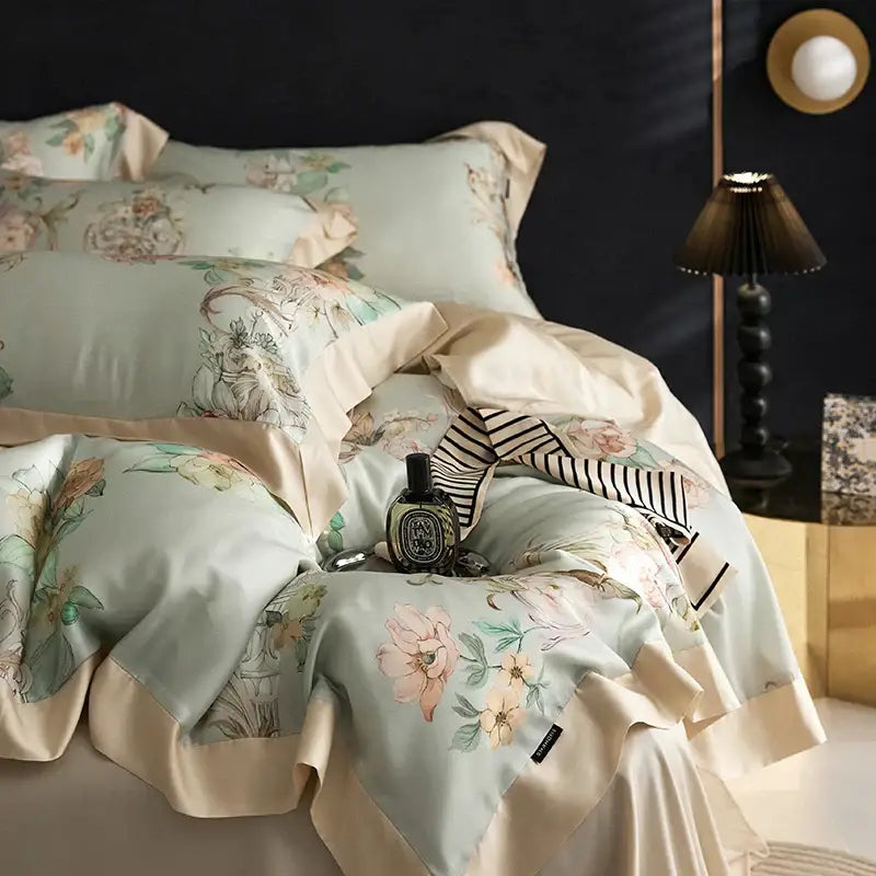 Elegant mint floral eucalyptus fiber bedding set in satin with soft pink peach patterns and cream ruffled edges for decorbites