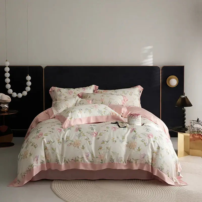 Delicate floral-patterned bedding set in pastel pink and cream with satin trim made from decorbites eucalyptus fiber